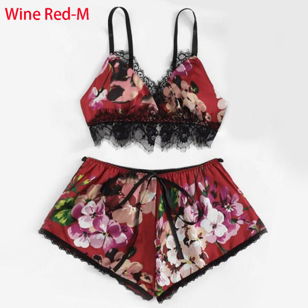Sleepwear Pajama Set Bras And Shorts Wine Red M
