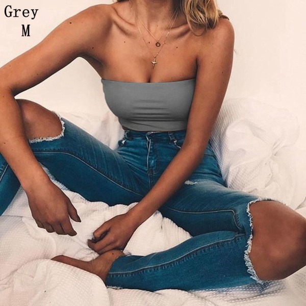 Women Strapless Bra Tube Crop Top Yoga Vest Grey M