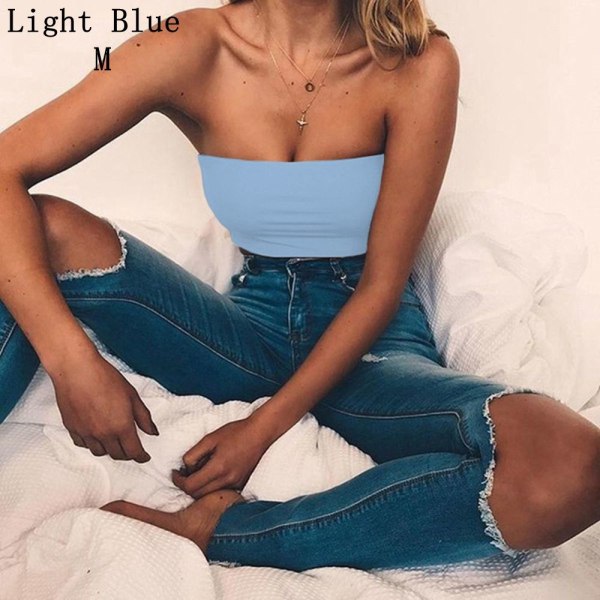Women Strapless Bra Tube Crop Top Yoga Vest Light Blue M