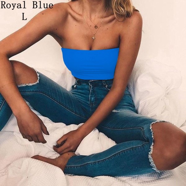Women Strapless Bra Tube Crop Top Yoga Vest Royal Blue L