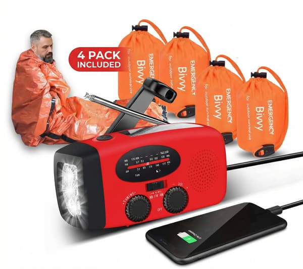 Hätäpakkaus Survival Bundle – Kampiradio aurinkokennolla + 4-pack Emergency Bivvy makuupussit | Varautuminen