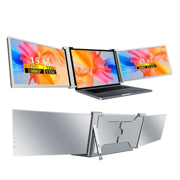 Tri-Screen Bärbar Trippelskärm 15.6" För Laptop – Full Hd 1080P, Ips-Panel, Portabel S10 Portable Monitor 15,6 Silver