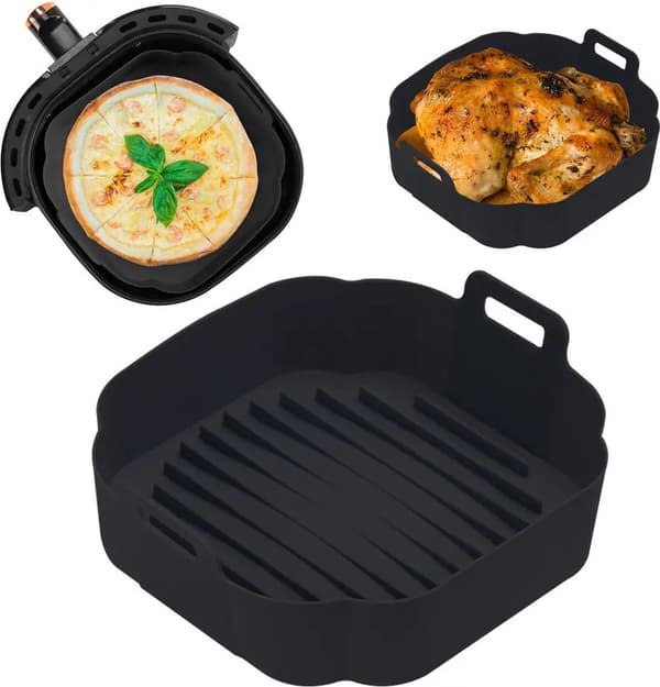 Firkantet Silikone Bageform til Airfryer Sort (18cm) – Airfryer Tilbehør – Silikoneforme til Airfryer – Silikonekurv til Airfryer
