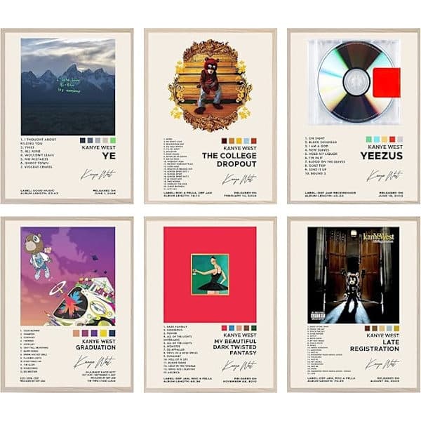 Kanye West Album Cover Plakater, Sæt med 6 Prints Musik Lærred Vægkunst Album Covers Signerede Begrænsede Plakater Æstetisk Rumindretning, Uindrammet