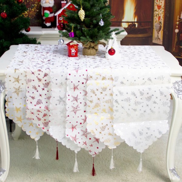 1pcs Christmas Bronzing White Tassel Table Runner Decor Nordic T Red Pentagram