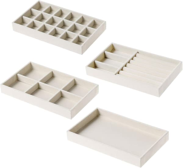 Sett med 4 smykkeskrin, smykkeoppbevaringsskuff, displayholder for øredobber, halskjeder, armbånd, beige