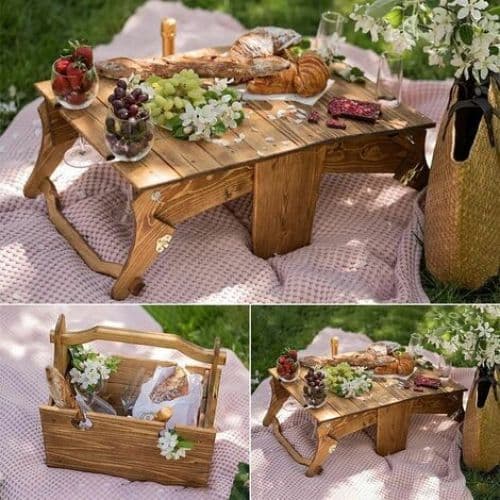 Udendørs Foldbar Træ Picnic Kurv, Bærbart Vin Picnic Bord, 2 i 1 Picnic Bord, Konvertibel Træ Opbevaringskurv til Udendørs eller Indendørs