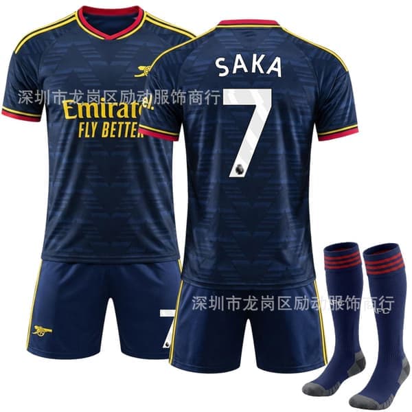 2024-2025 Arsenal Bortedraktsett for barn og voksne Fotballdraktsett Nr. 7 Saka Fotballuniform Gul skjorte Shorts Sokker Størrelse 22