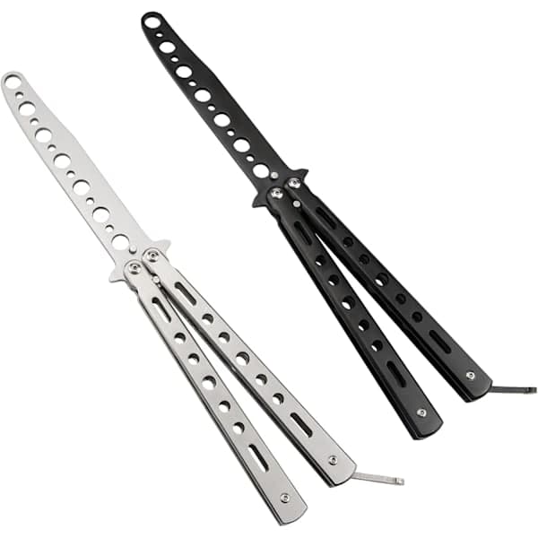 Fjärilskniv - 2-pack Fjärilskniv Träningsverktyg Stålmetall för att öva på att vända trick, Balisong Tränare Svart & Silver