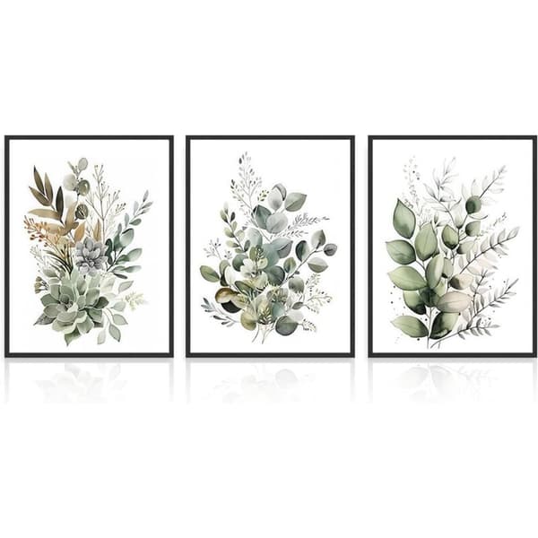 12x16 tommer Uinnrammet 3-delt Boho Veggkunstdekor. Grønne blader Botanisk Plakatrykk for Bad Stue. Eukalyptusblader