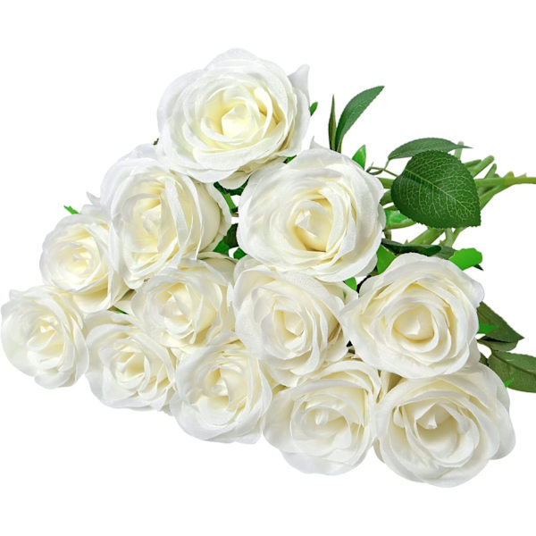 12-pack Konstgjorda Rosor, Vita Konstgjorda Blommor, Vita, Lämpliga för Trädgård, Bröllopsfest, Inomhus- och Utomhusbruk