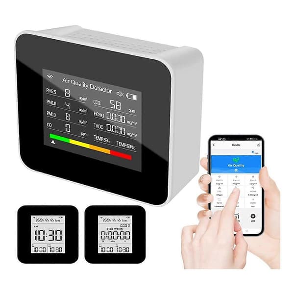 Luftkvalitetsmåler Innendørs, 9-i-1 Luftkvalitetsmålere for CO, CO2, TVOC, HCHO, PM2.5, PM10 for Hussett