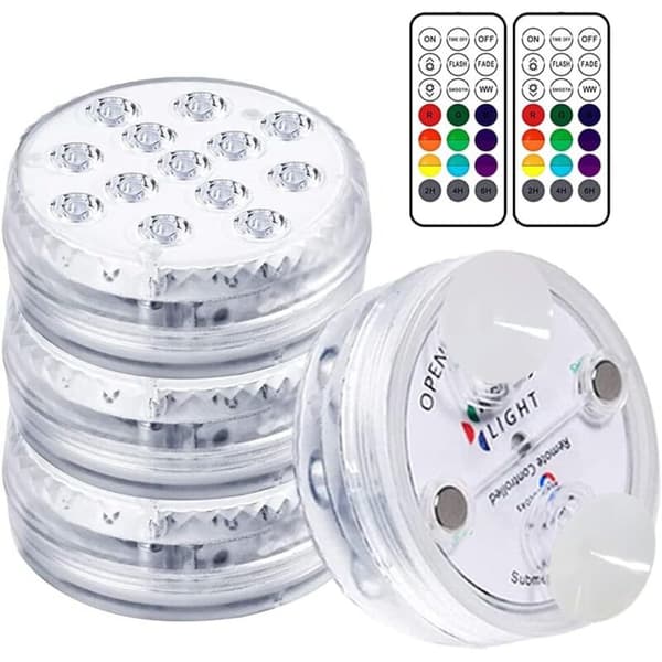 Dränkbar LED-poolbelysning – 30-50 timmars batteritid – IP68 vattentät klassificering – 16 RGB-färger – RF-fjärrkontroll – 4-pack