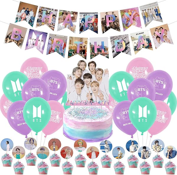 BTS Fødselsdagsfest Dekorationer, Kpop Fødselsdagsartikler Til Bangtan Boys Fans Inkluderer BTS Tillykke Med Fødselsdagen Banner Kage Toppers Balloner