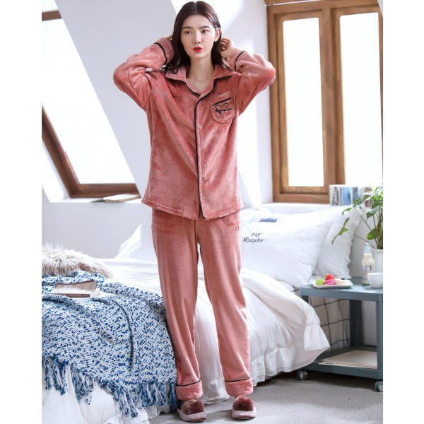 Dark Pink 2 Pcs Womenthicken Warm Soft Pajamas Sleepwear