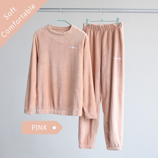 Clothingloves Pink Women Flannel Pajama Fleece Thick Warm Sleepwear Suit