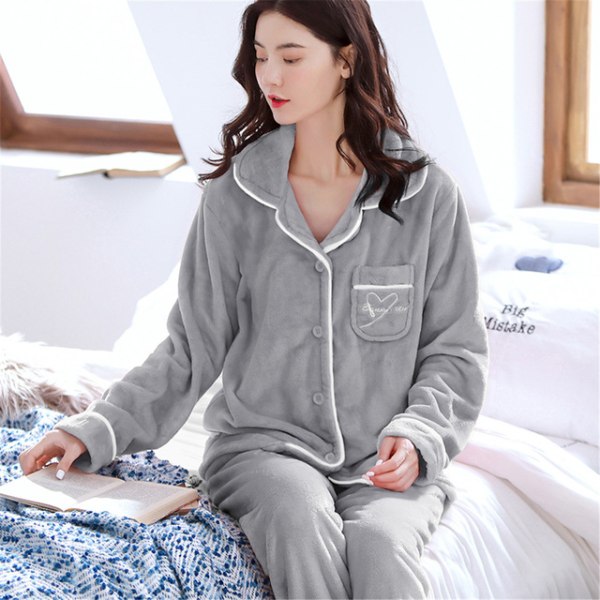 Gray 2 Pcs Womenthicken Warm Soft Pajamas Sleepwear