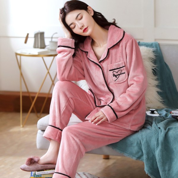 Pink 2 Pcs Womenthicken Warm Soft Pajamas Sleepwear