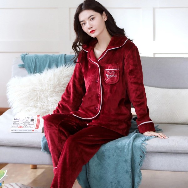 Red 2 Pcs Womenthicken Warm Soft Pajamas Sleepwear