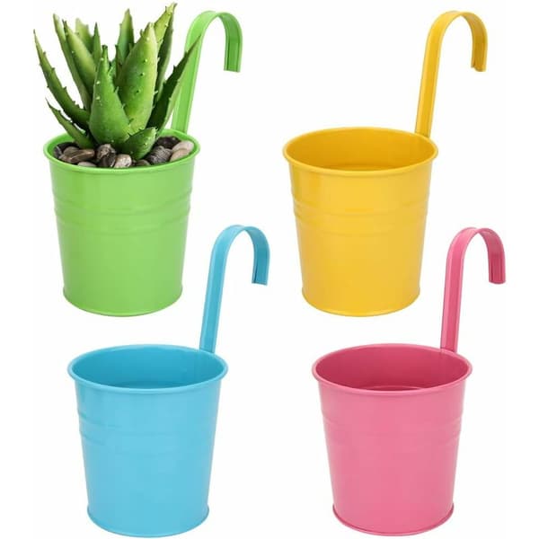 Metallhängande blomkruka, utomhusblomkruka med dräneringshål perfekt för trädgård, balkong, staket, uteplats, dekoration 4 stycken