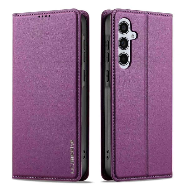 Samsung S24 violetti nahkainen magneettilompakkokotelo korttipaikalla ja läpällä