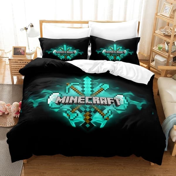 Minecraft My World 3D digitaltrykt tredelt sett dynetrekk sengeteppe laken putetrekk sengetøy 10, størrelse 135*200
