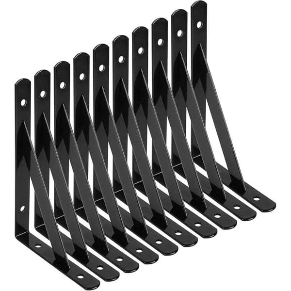 Vegghylleknekter, 10 stk 90 graders trekantede stålknekter, 150 mm x 95 mm hjørnestøtte med 40 skruer og 20 plugger (svart)