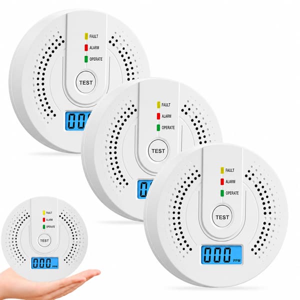 Ultrasensitiv karbonmonoksiddetektor, LCD-skjerm, 85 dB, drevet av 2xAA (pakke med 3)