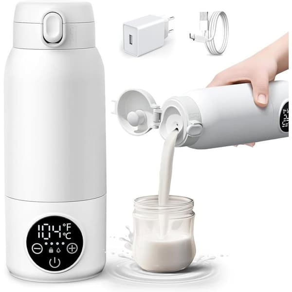Langaton kannettava tuttipullonlämmitin 500 ml, nopea veden tai maidon lämmitys, kannettava tuttipullonlämmitin vakiolämpötilalla, valkoinen