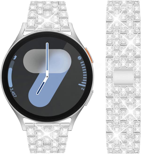 Rem til Samsung Galaxy Watch 7/6/5/4 20mm Bling Diamant Metal Udskiftningsrem til Kvinder og Mænd Sølv