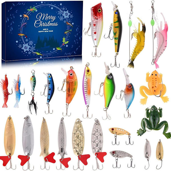 Fiskekalender 2025, 24-dagers adventskalender med fiskesluker, fiskeredskaps-adventskalender, fisketilbehørssett, nedtellingskalender for voksne