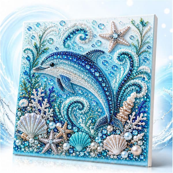 Lanenow Ocean Theme Pearl Art DIY Kit, Helmitaidepakkaus aikuisille ja aloittelijoille 3D-hartshelmillä ja strasseilla, Rannikkoseinäkoriste (Delfiini
