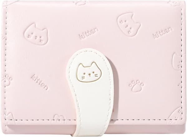 Liten lommebok for damer - PU-skinn tofoldig kortholder med ID-vindu, søt stil for kvinner og jenter (rosa)