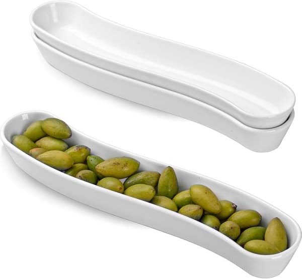 17-tommers 3-pakning olivenfat – Allsidig keramisk olivenbrett for snacks, forrettsfat – Lang buet båtformet restaurantutstyr for underholdning
