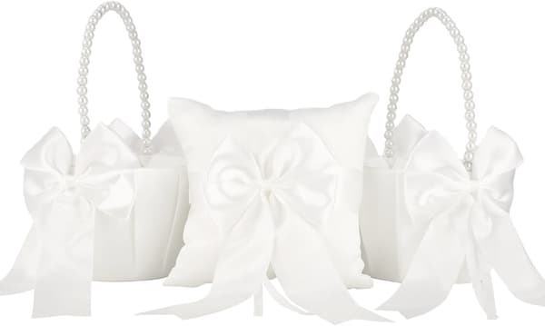 3 stk. sæt med ringbærerpude og blomsterpige-kurve, inklusive en elegant ringpude og 2 blomsterpige-kurve med perlehåndtag