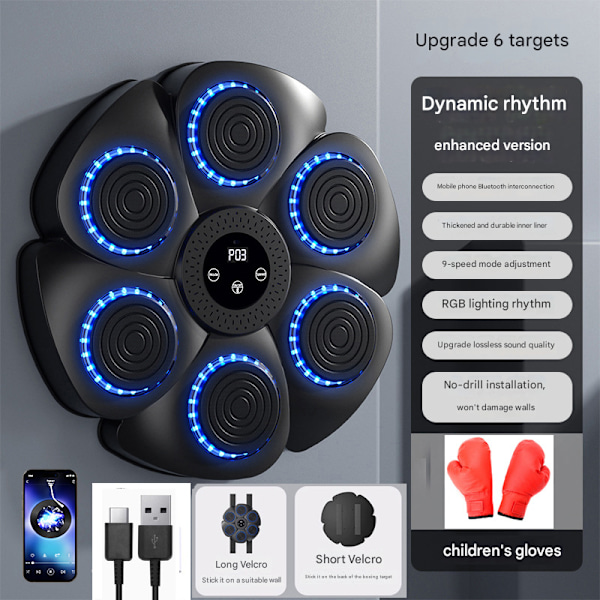 Musikk Boksemaskin, Smart Veggmontert Boksemaskin - Leveres med et par boksehansker for voksne, Bluetooth, 9 hastighetsinnstillinger og en nedtellingsmodus.