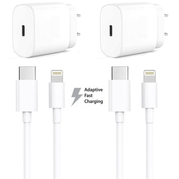 I Charger 2-pack Iphone Oplader Apple 11/12/13 Usb-c Strømadapter 20w + 1m White