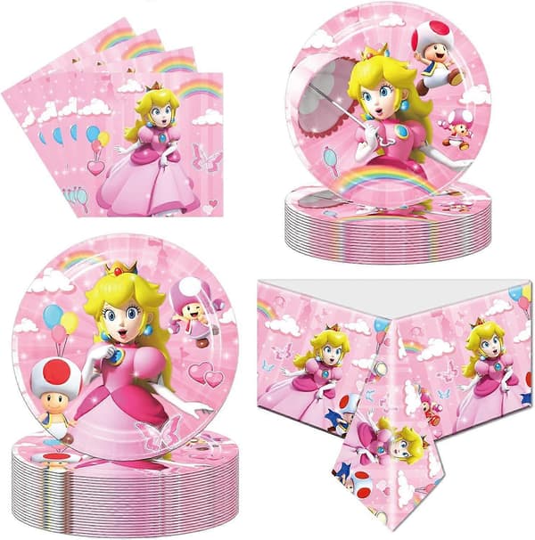 Prinsesse Peach Fødselsdagsfest Bordservice Forsyninger - Prinsesse Peach Tallerkener og Servietter Fødselsdagsfest Forsyninger til 20 Gæster
