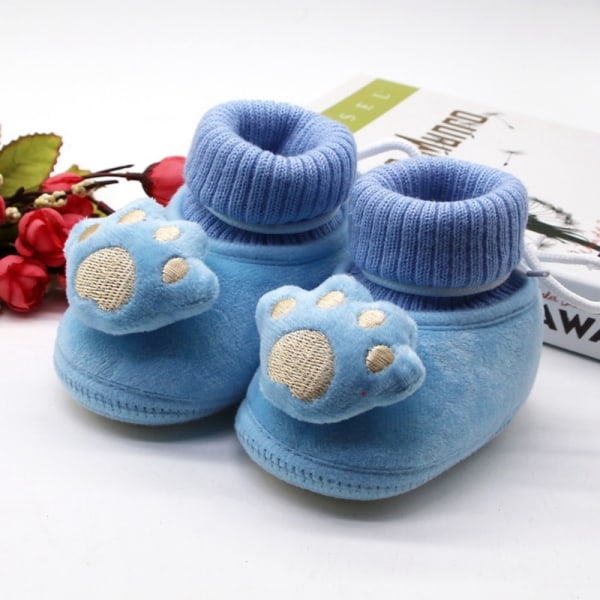 Baby Cartoon Paw Print Strap Warm Soft Sole Toddler Shoes Blue 7-12m
