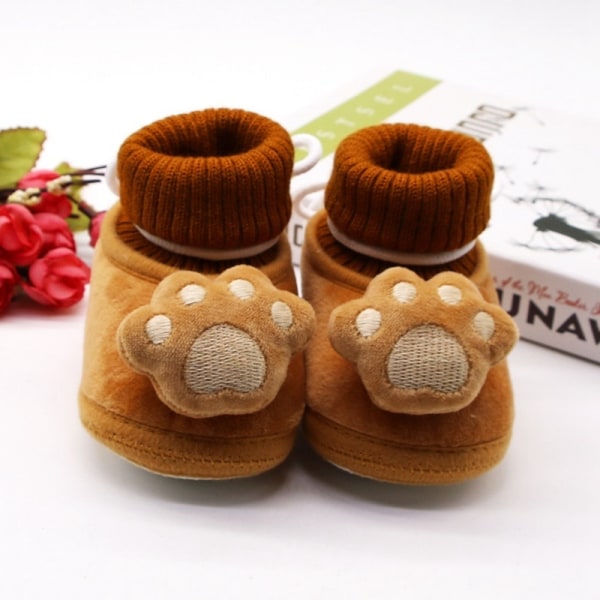 Baby Cartoon Paw Print Strap Warm Soft Sole Toddler Shoes Brown 7-12m