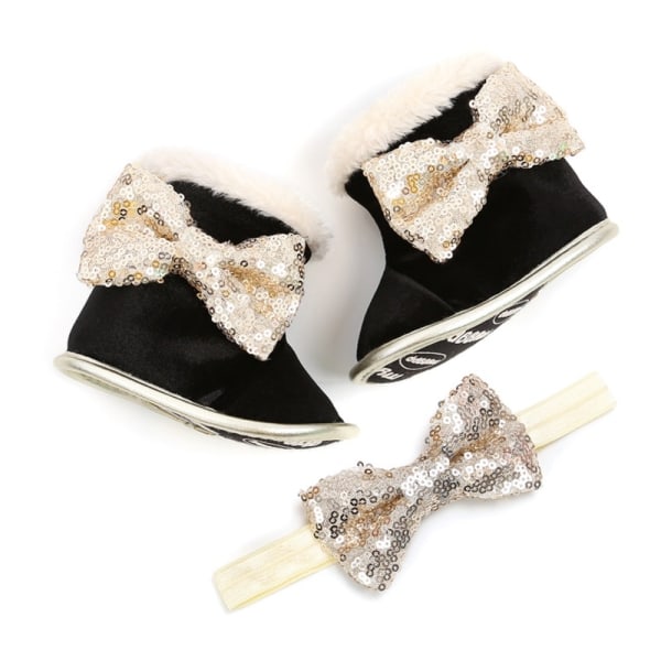 Baby Girl Sequin Bow Princess Boots Shoes+headband 2pcs Set Black 0-6months
