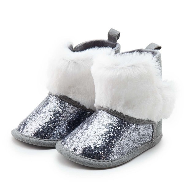 Winter Sparkling Baby Shoes Plus Velvet Warm Boots Silver 7-12months