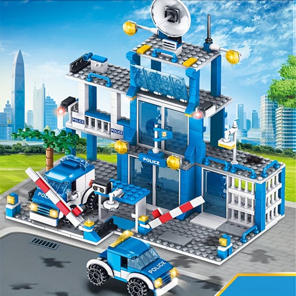 Large Police Station Building Set with 2 Patrol Cars & Accessories - Blue & White Interlocking Building Blocks with Movable Parts Blue And White Polic