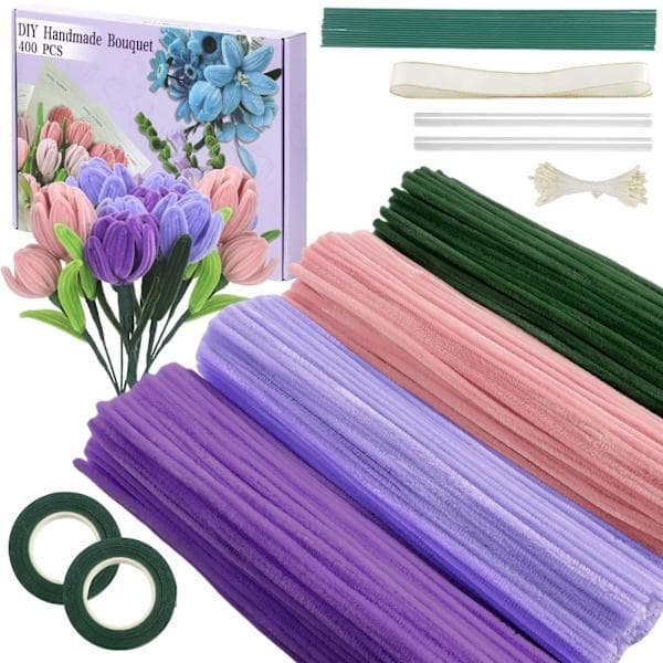Sett med 400 piperensere, chenilletråd og tulipanblomsterensere - 4 farger - Inkluderer 2 ruller blomstertape og 20 blomsterstengler lilla lilla