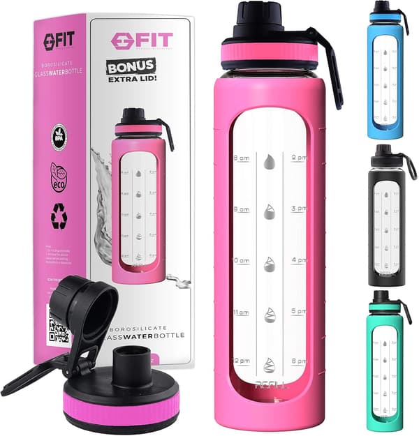 946 ml glassflaske med tidsmarkeringer, 1 liter glassvannflaske, BPA-fri, (rosa erme) Rosa