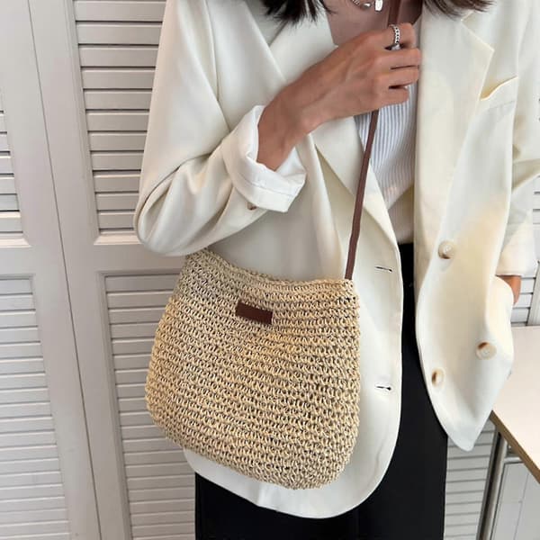 Halm skulderveske for kvinner, sommer halmveske for kvinner, strandferie, stilig avslappet heklet veske med glidelås Beige