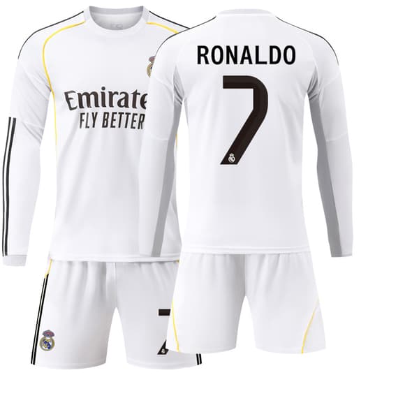 2025-2026 Real Madrid Hjemme Børne Langærmet Fodboldtrøje Sæt Nr. 7 Ronaldo