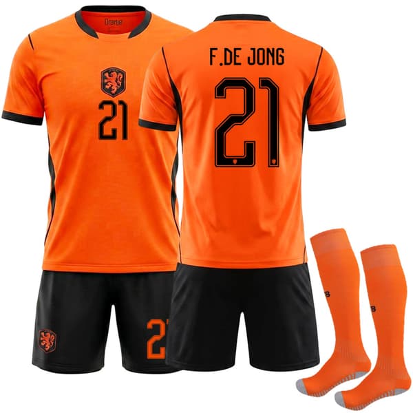 2026 Hjemme-VM fodboldtrøje for Holland til børn og voksne med strømper nr. 21 F.DE.JONG nr. 21 F.DE.JONG