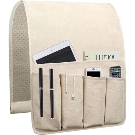 Skridsikker sofaarmlænsorganizer med 5 lommer, skridsikker fjernbetjeningsholder til sofa (88,9 x 31,5 cm, beige)