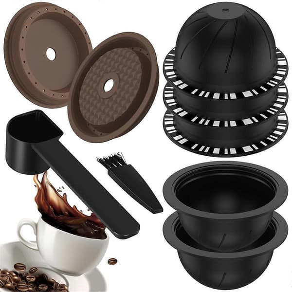 5 stk. Gjenbrukbare Vertuo-kapsler for Nespresso-maskin, kaffekapsel med 2 silikonlokk, 1 skje og børste